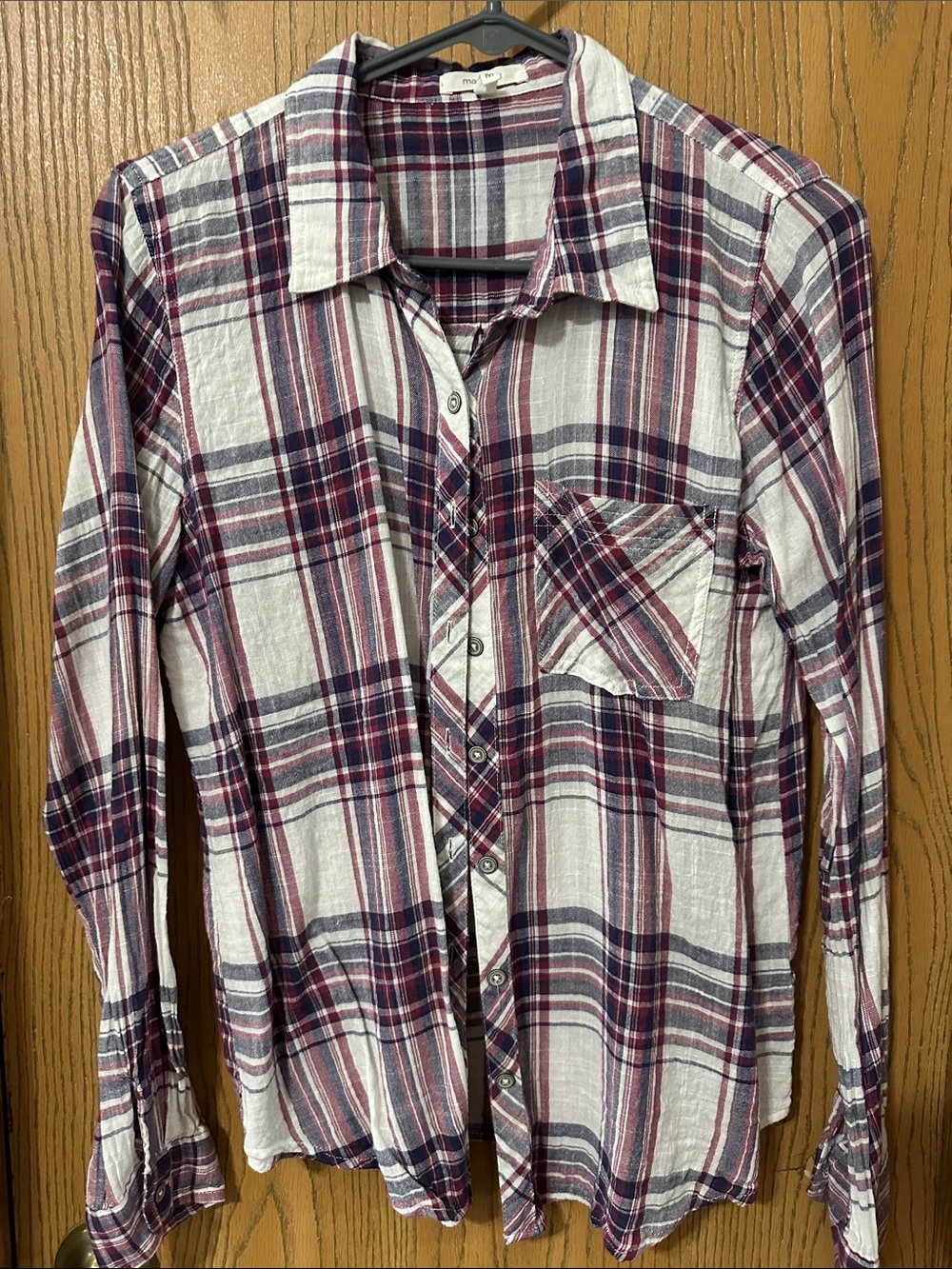 Maurices Women's Plaid Button-Down Shirt in White, Burgundy and Navy